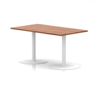Rectangular table with wood-effect top and white legs on a white background