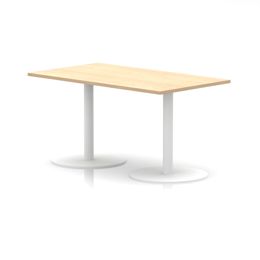 Rectangular table with wood-effect top and white legs on a white background