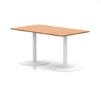 Rectangular table with wood-effect top and white legs on a white background