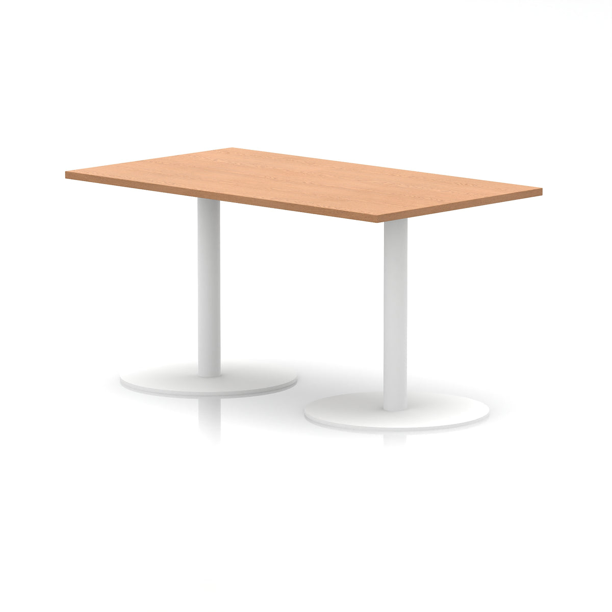 Rectangular table with wood-effect top and white legs on a white background