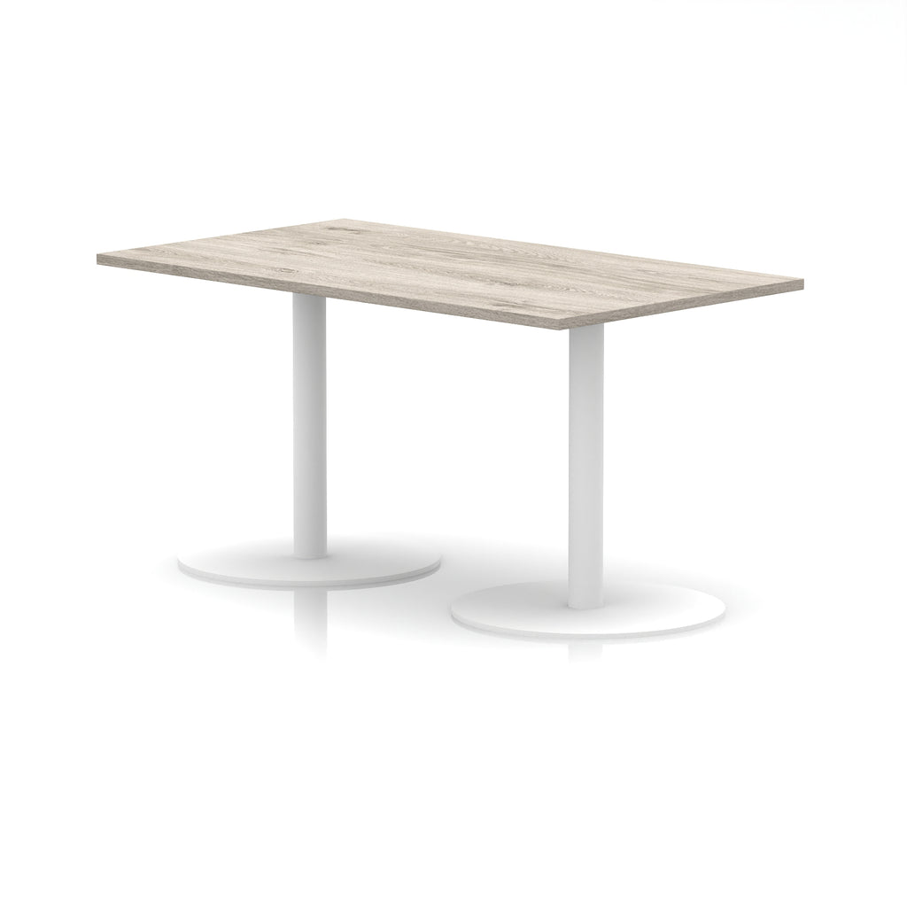 Rectangular table with wood-effect top and white legs on a white background