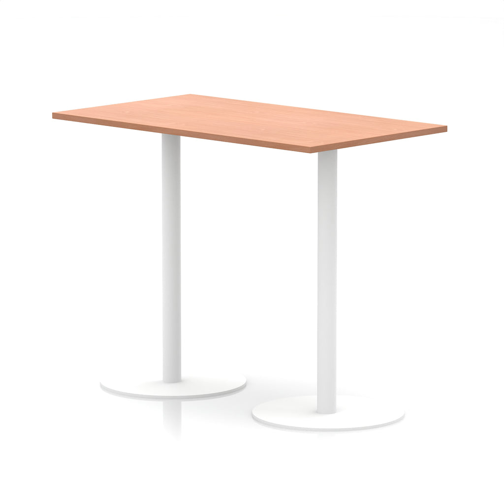 Rectangular high table with wood-effect top and white legs on a white background