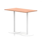 Rectangular high table with wood-effect top and white legs on a white background