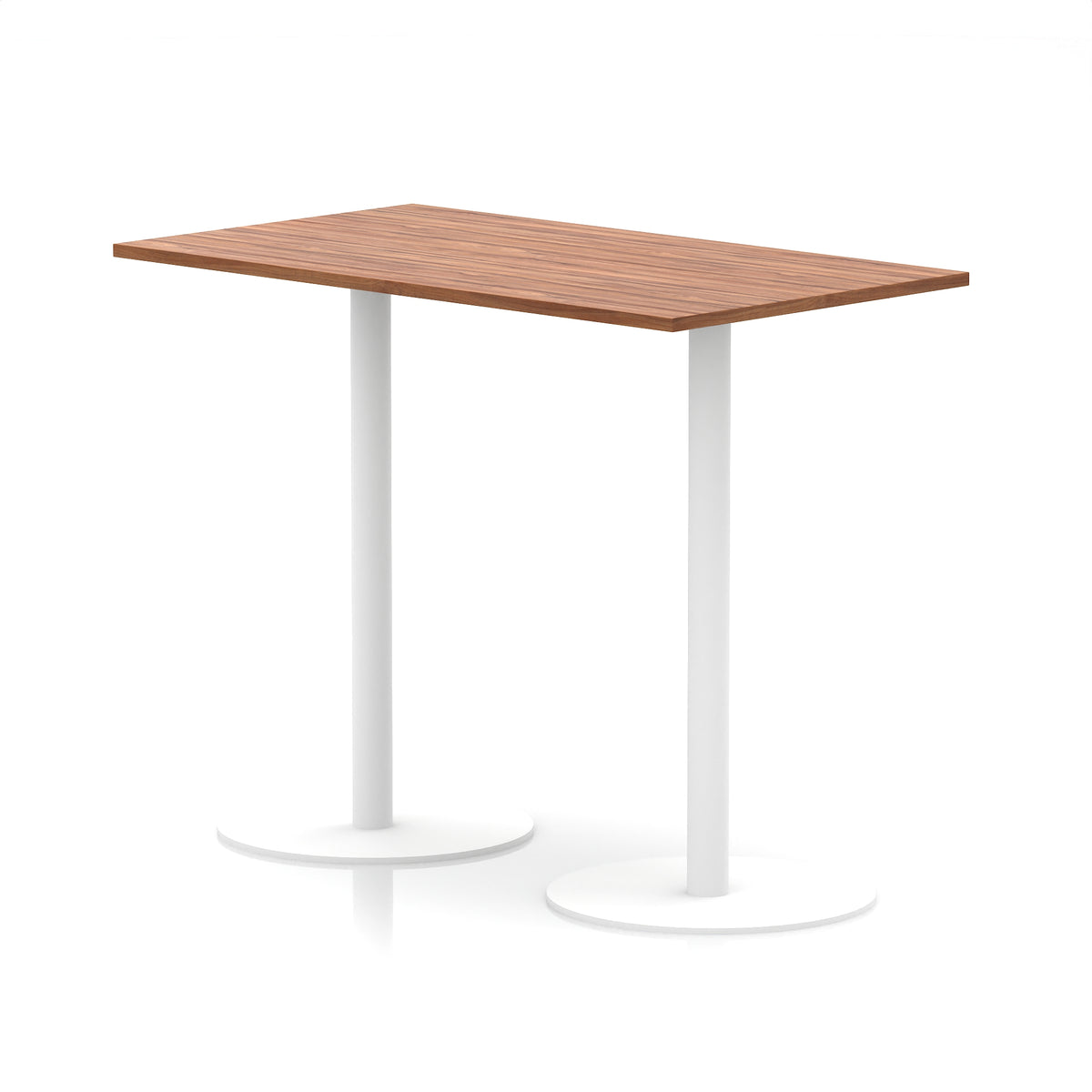 Rectangular high table with wood-effect top and white legs on a white background
