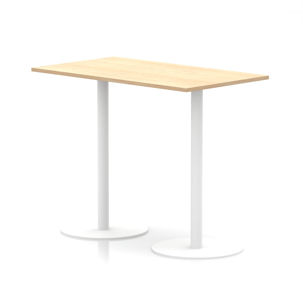 Rectangular high table with wood-effect top and white legs on a white background