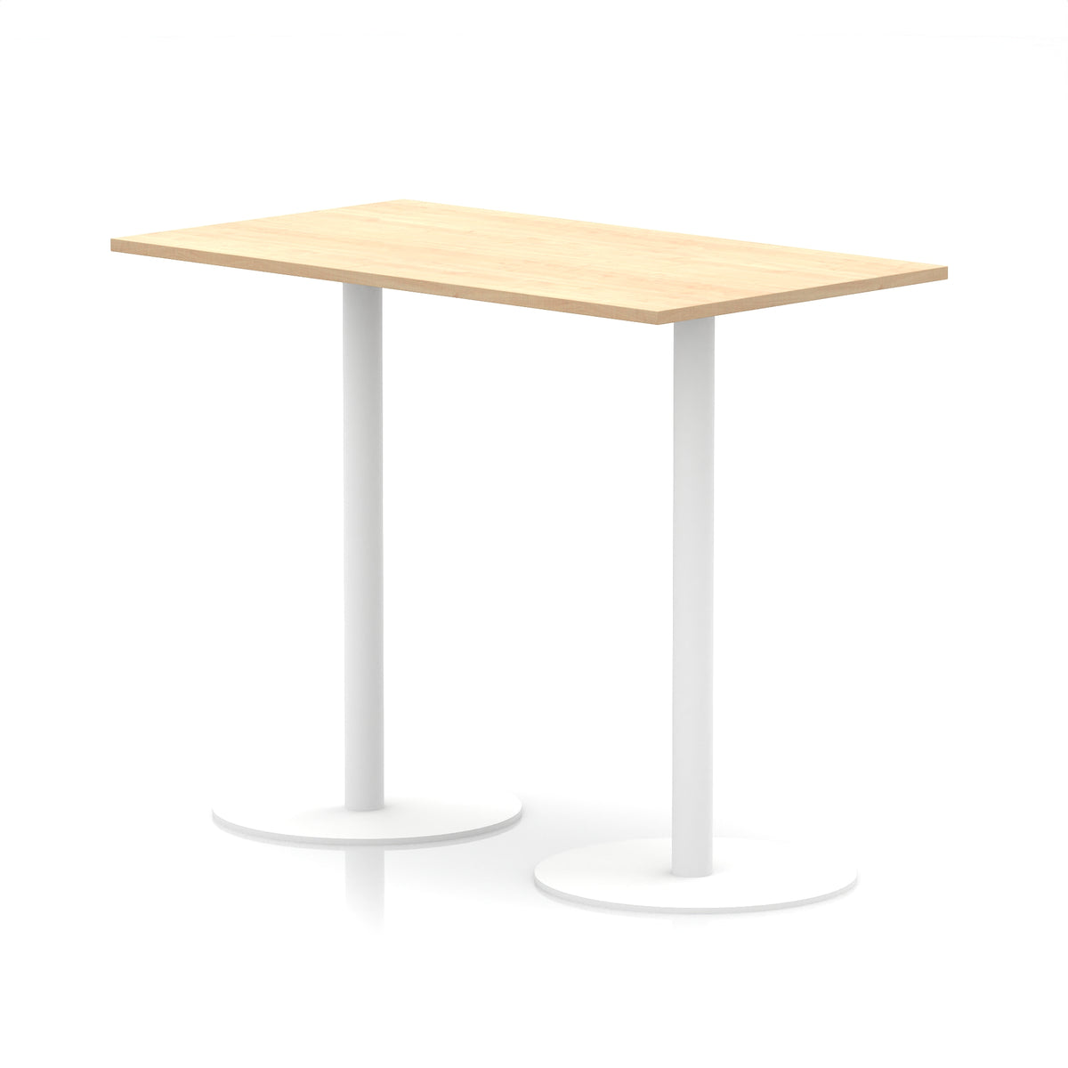Rectangular high table with wood-effect top and white legs on a white background