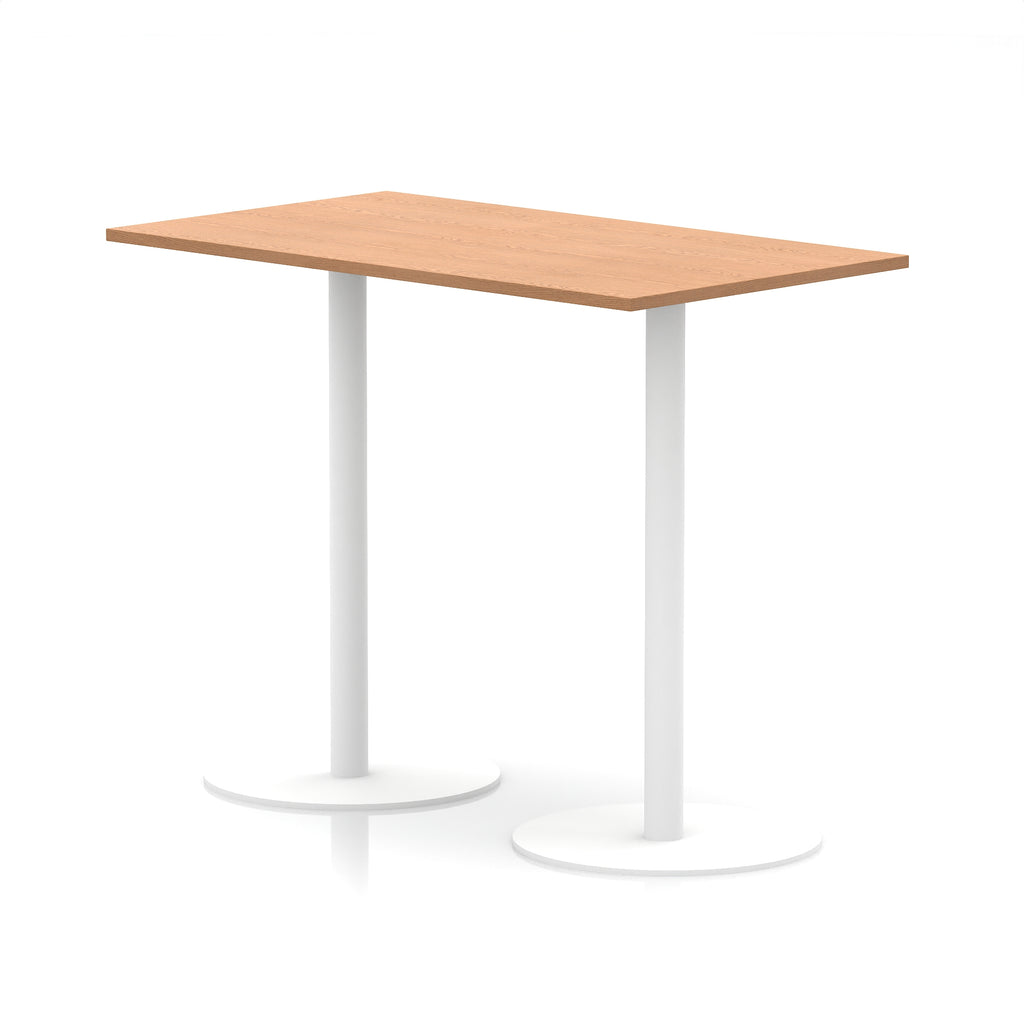 Rectangular high table with wood-effect top and white legs on a white background
