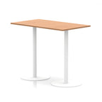 Rectangular high table with wood-effect top and white legs on a white background
