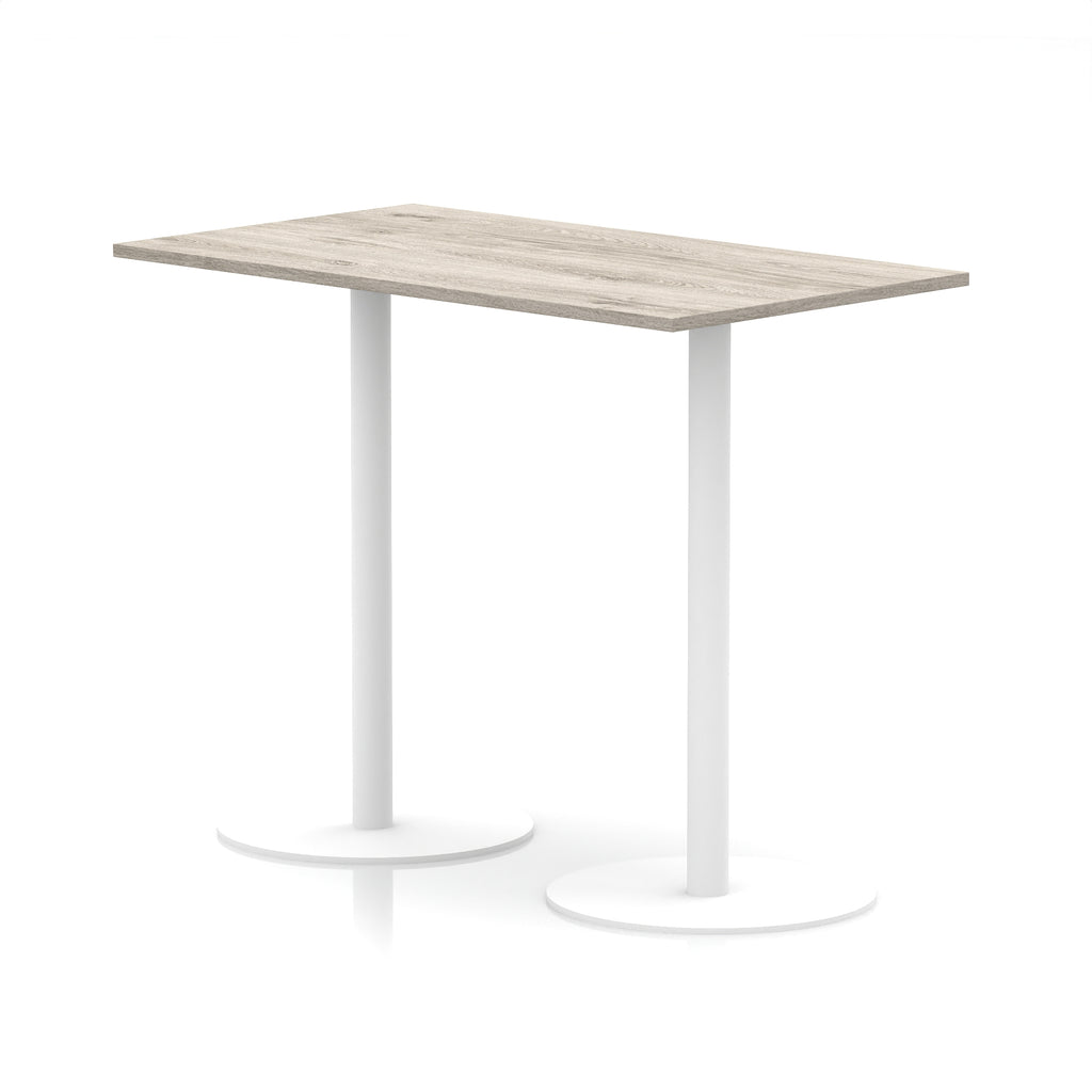 Rectangular high table with wood-effect top and white legs on a white background