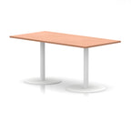 Rectangular table with wood-effect top and white legs on a white background