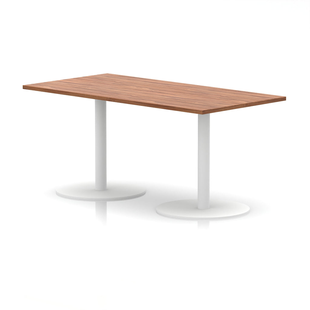 Rectangular table with wood-effect top and white legs on a white background
