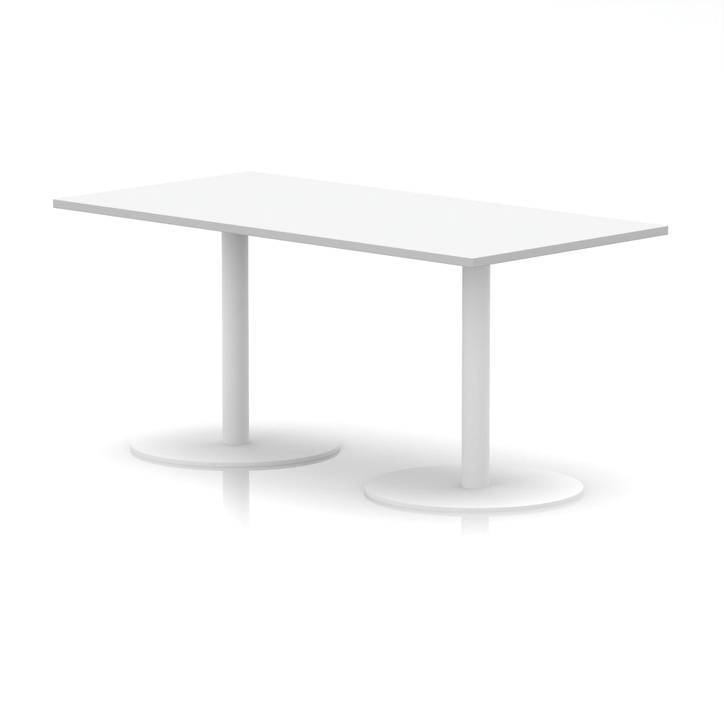 White rectangular table with a minimalist design on a white background