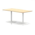 Rectangular table with wood-effect top and white legs on a white background