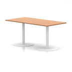 Rectangular table with wood-effect top and white legs on a white background