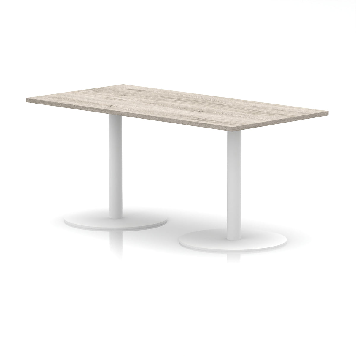 Rectangular table with wood-effect top and white legs on a white background