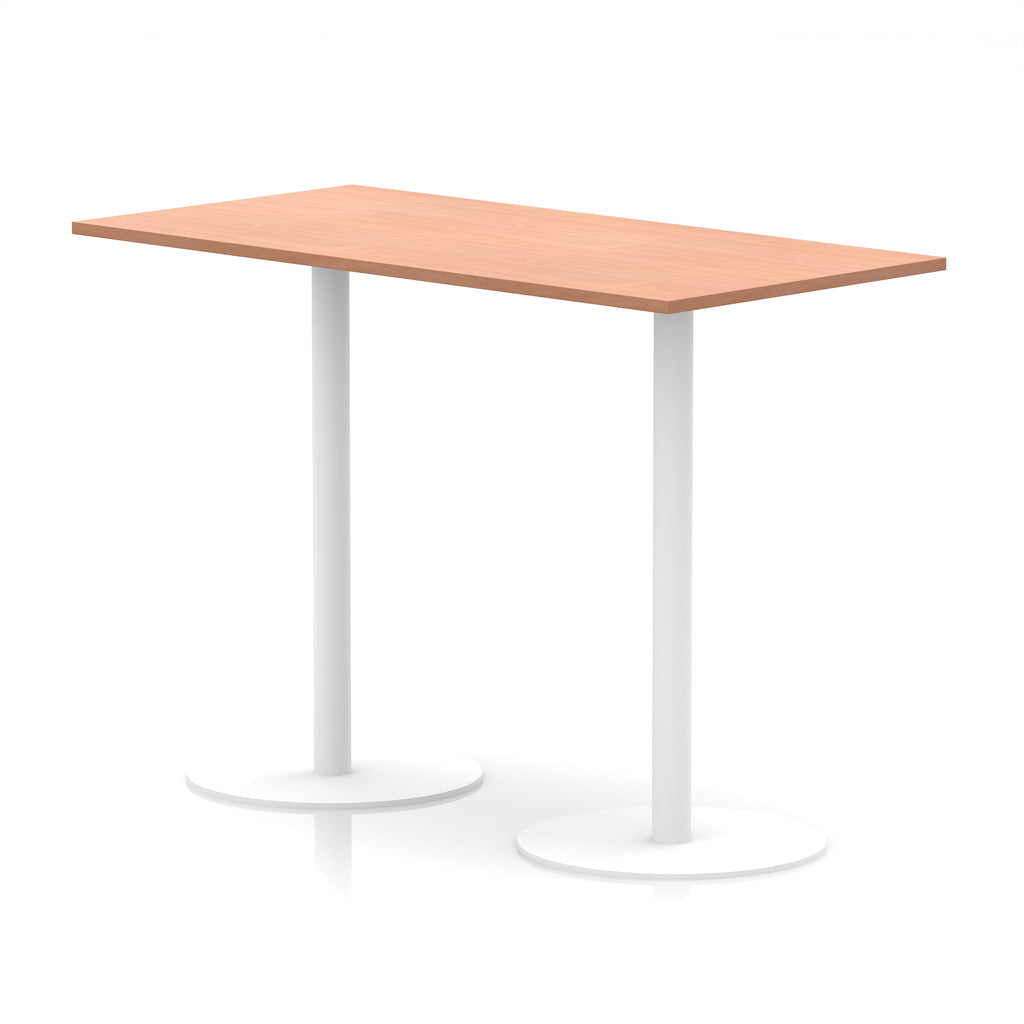Rectangular high table with wood-effect top and white legs on a white background