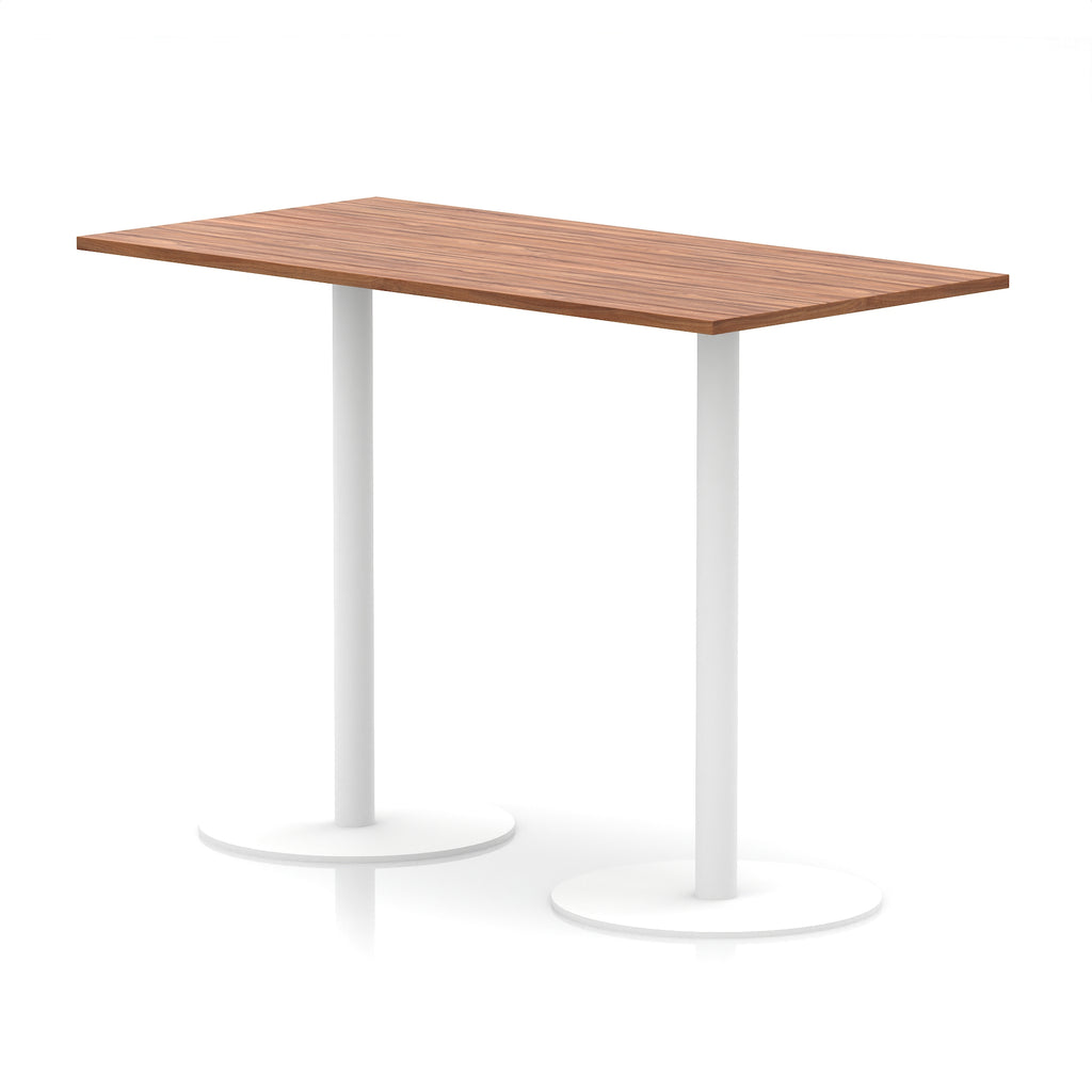 Rectangular high table with wood-effect top and white legs on a white background