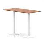 Rectangular high table with wood-effect top and white legs on a white background