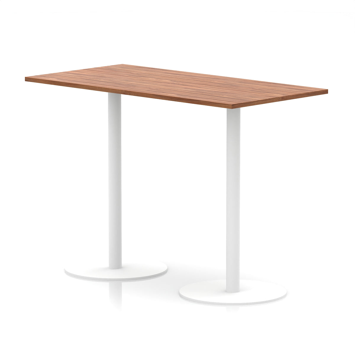 Rectangular high table with wood-effect top and white legs on a white background