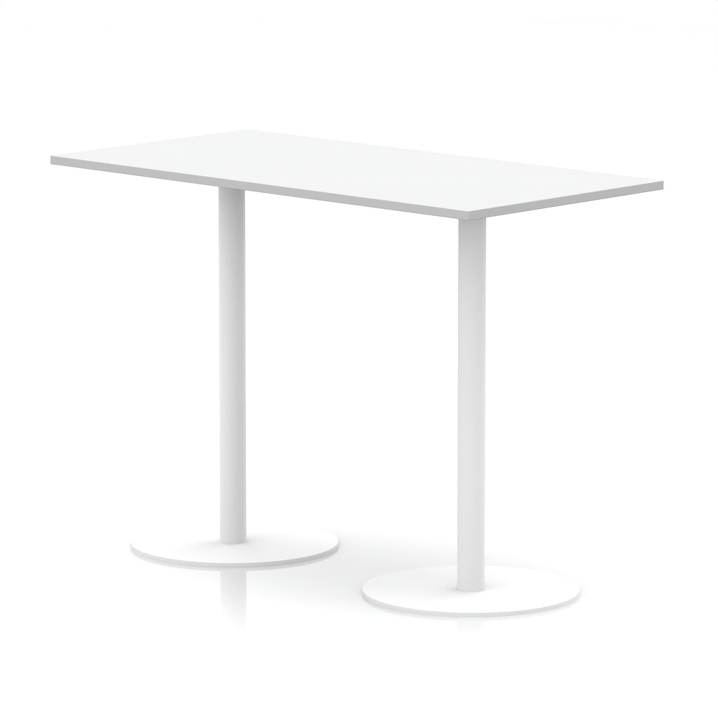 Rectangular high white table with round metal legs on a white background