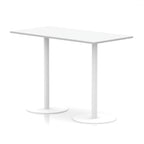Rectangular high white table with round metal legs on a white background