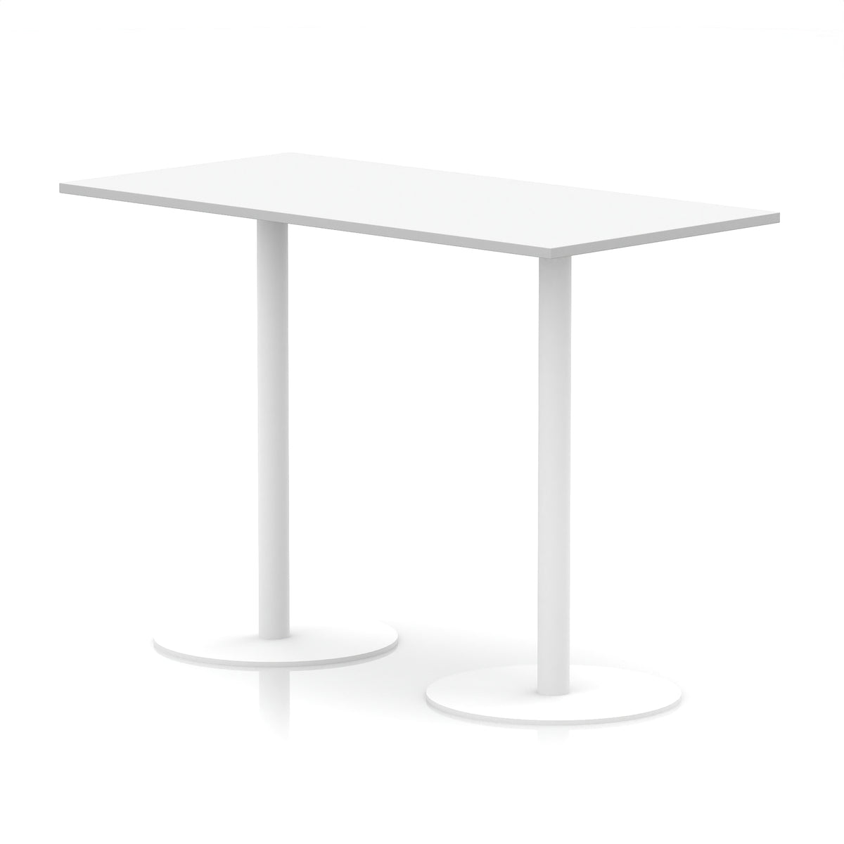 Rectangular high white table with round metal legs on a white background