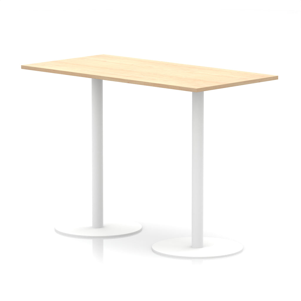 Rectangular high table with wood-effect top and white legs on a white background