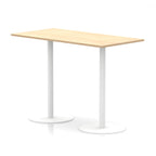 Rectangular high table with wood-effect top and white legs on a white background