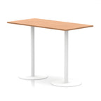 Rectangular high table with wood-effect top and white legs on a white background