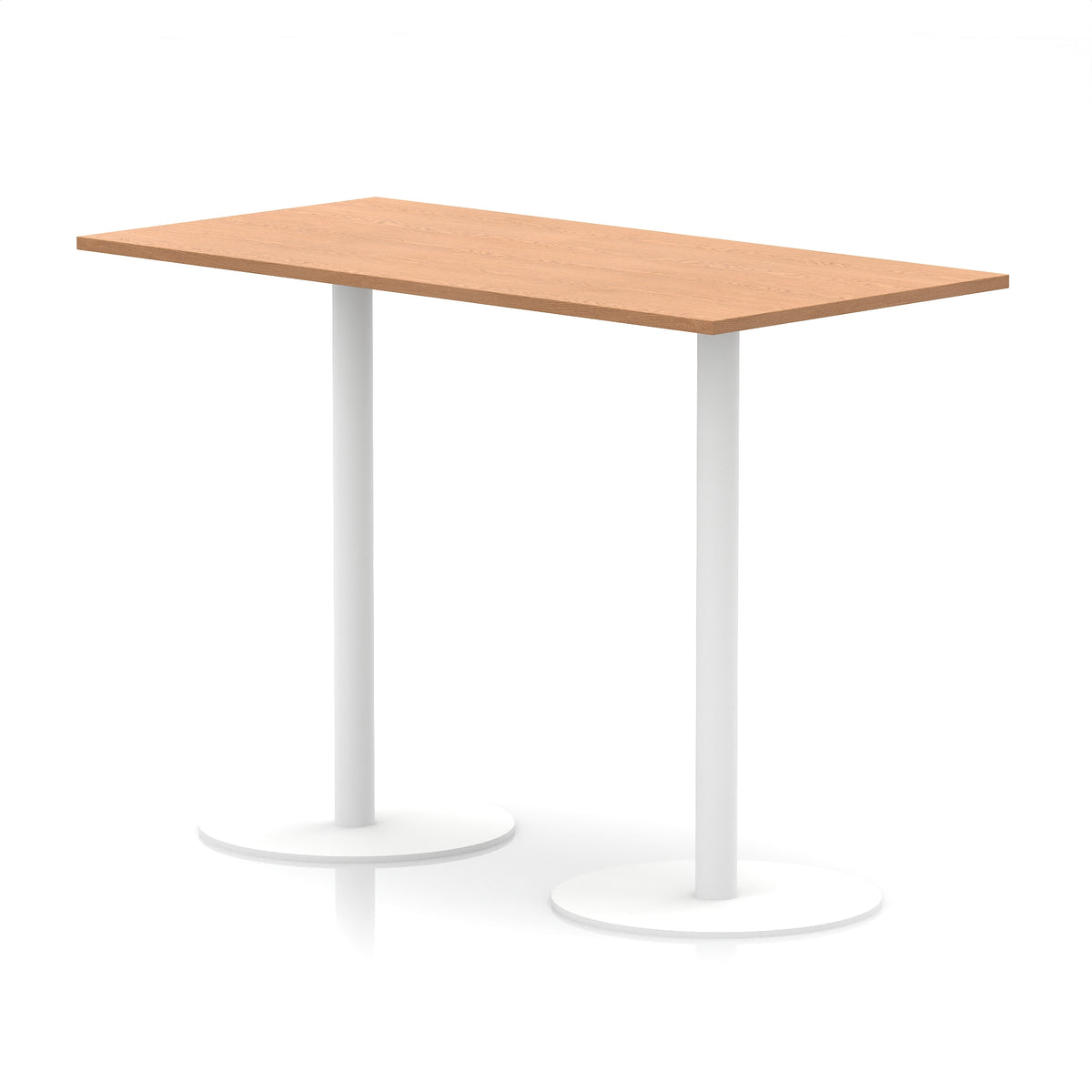 Rectangular high table with wood-effect top and white legs on a white background