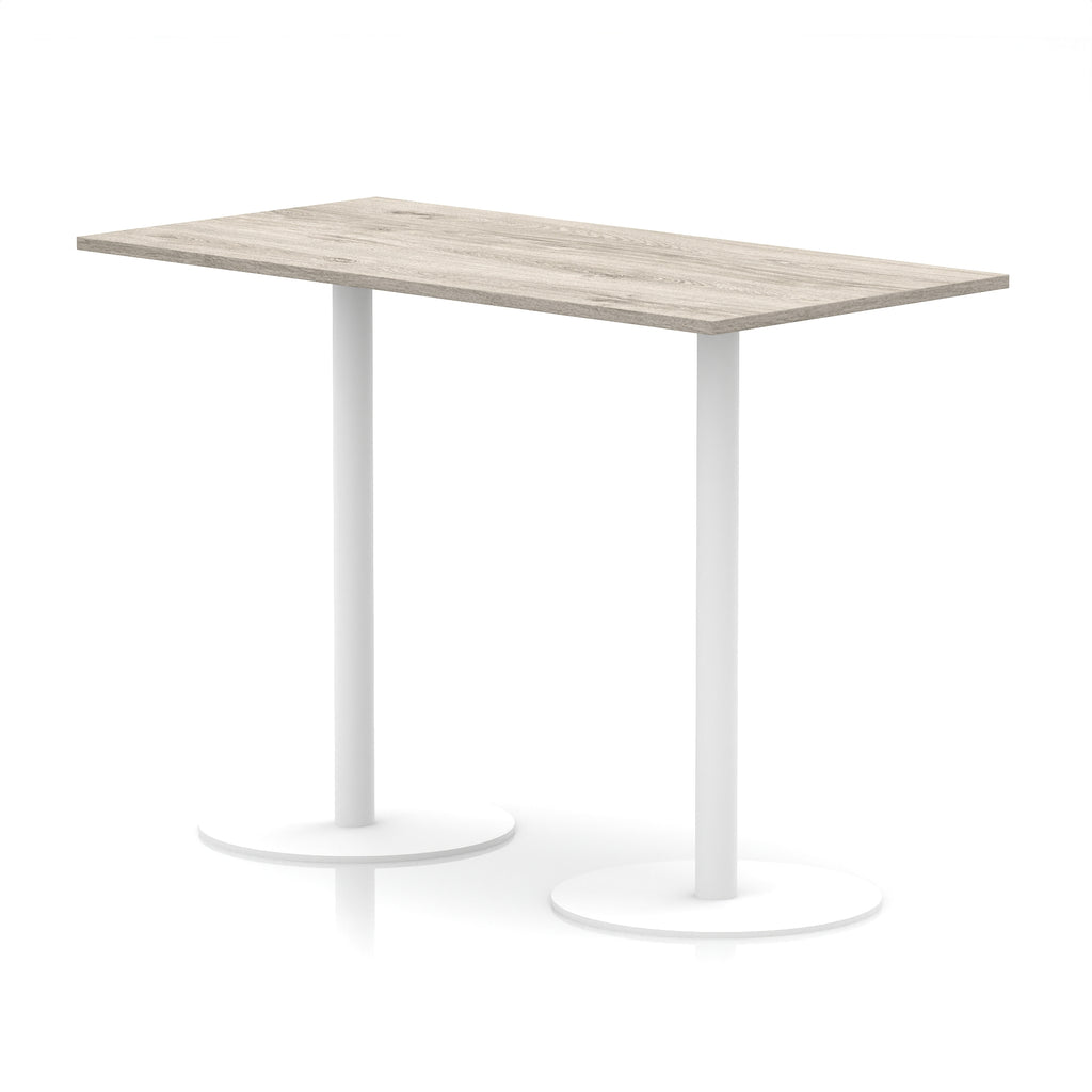 Rectangular high table with wood-effect top and white legs on a white background