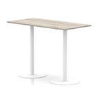 Rectangular high table with wood-effect top and white legs on a white background