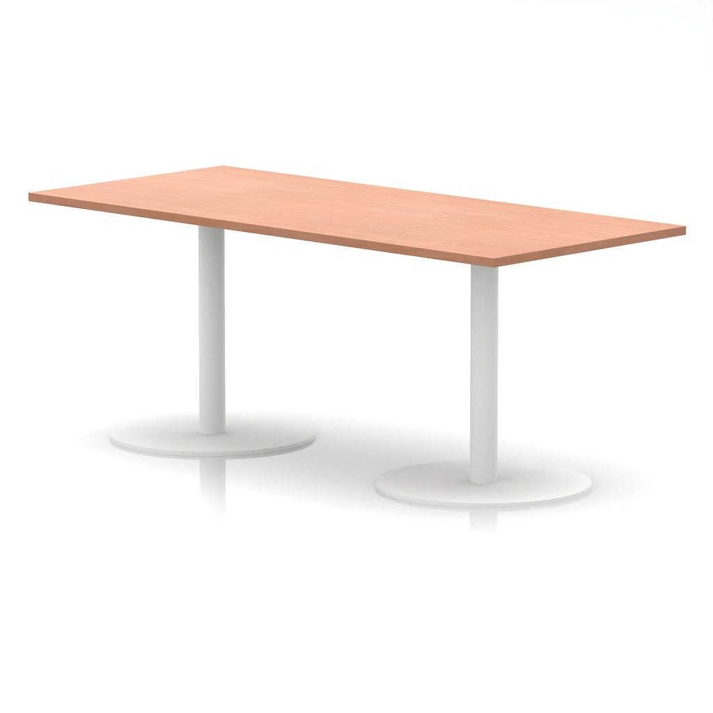 Rectangular table with wood-effect top and white legs on a white background