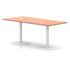 Rectangular table with wood-effect top and white legs on a white background