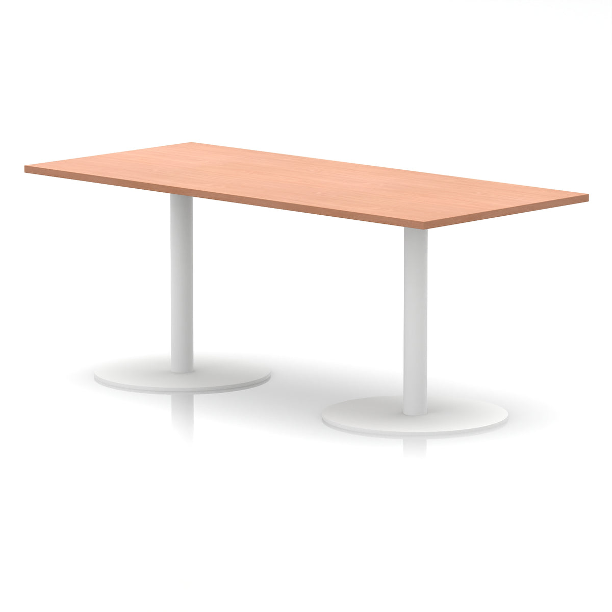 Rectangular table with wood-effect top and white legs on a white background