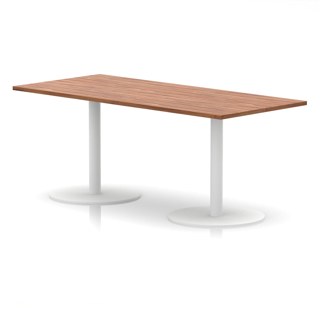 Rectangular table with wood-effect top and white legs on a white background