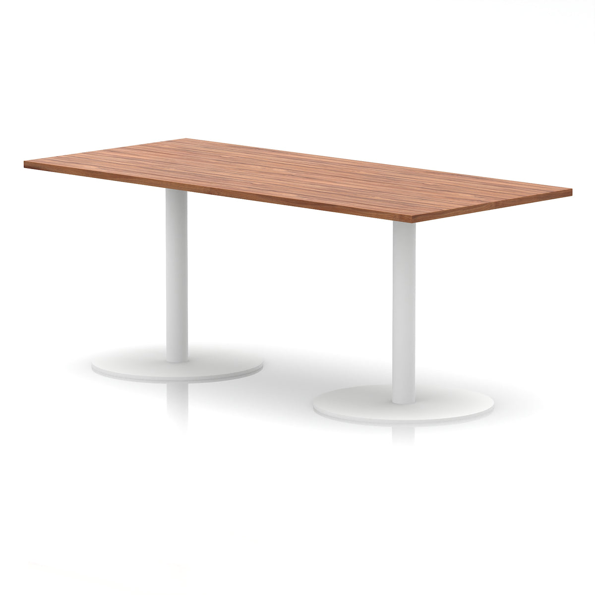 Rectangular table with wood-effect top and white legs on a white background