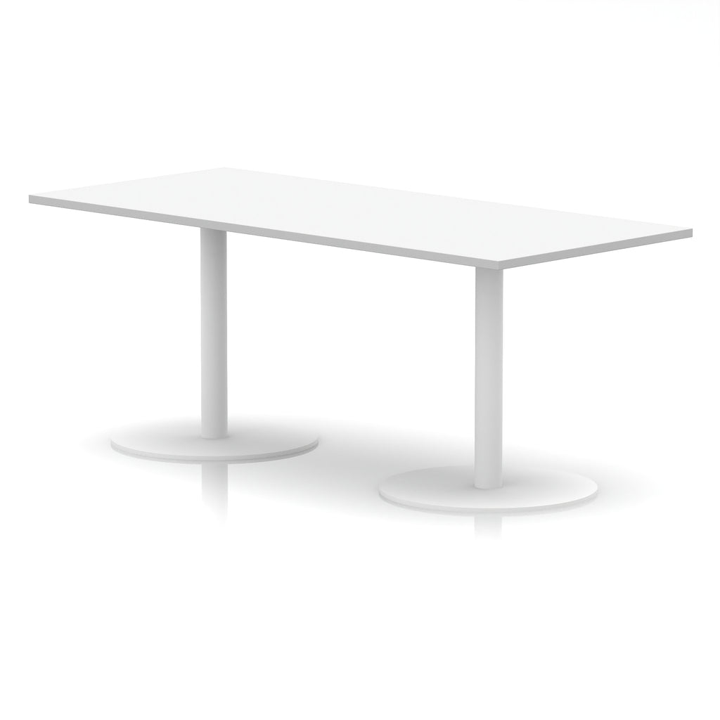 White rectangular table with metal legs on a white background