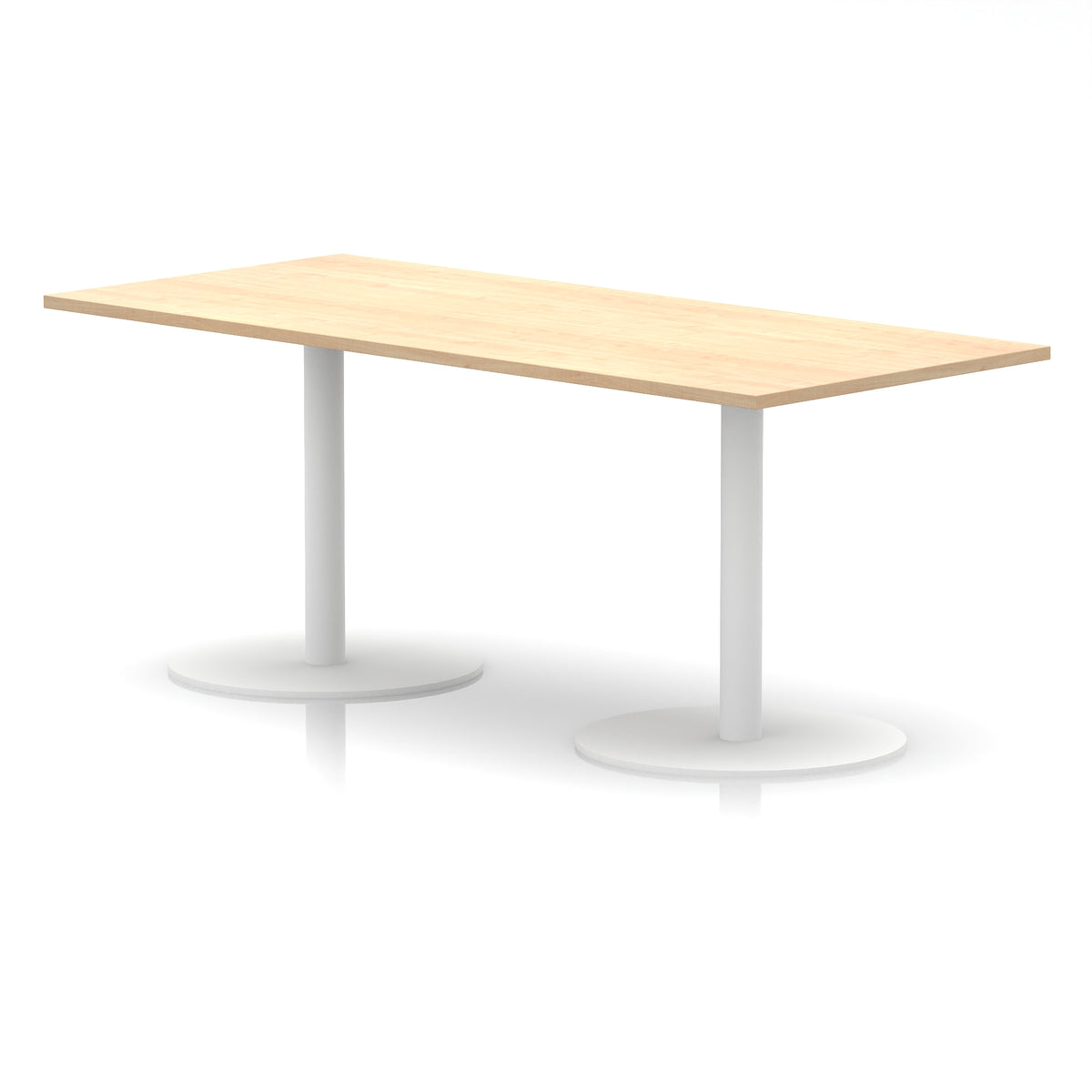 Rectangular table with wood-effect top and white legs on a white background