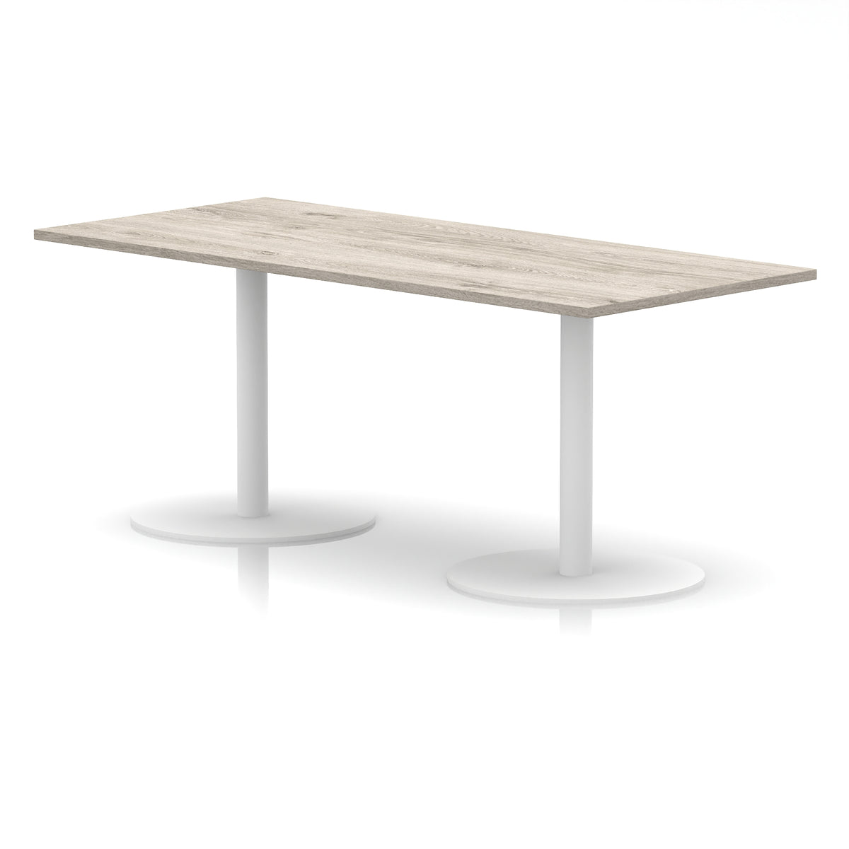 Rectangular table with wood-effect top and white legs on a white background