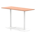 Rectangular high table with wood-effect top and white legs on a white background