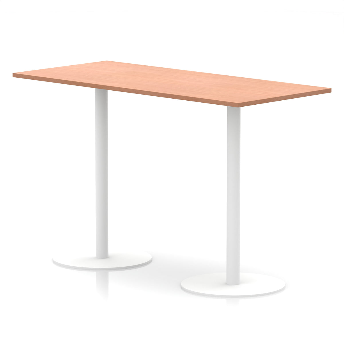 Rectangular high table with wood-effect top and white legs on a white background