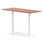 Rectangular high table with wood-effect top and white legs on a white background