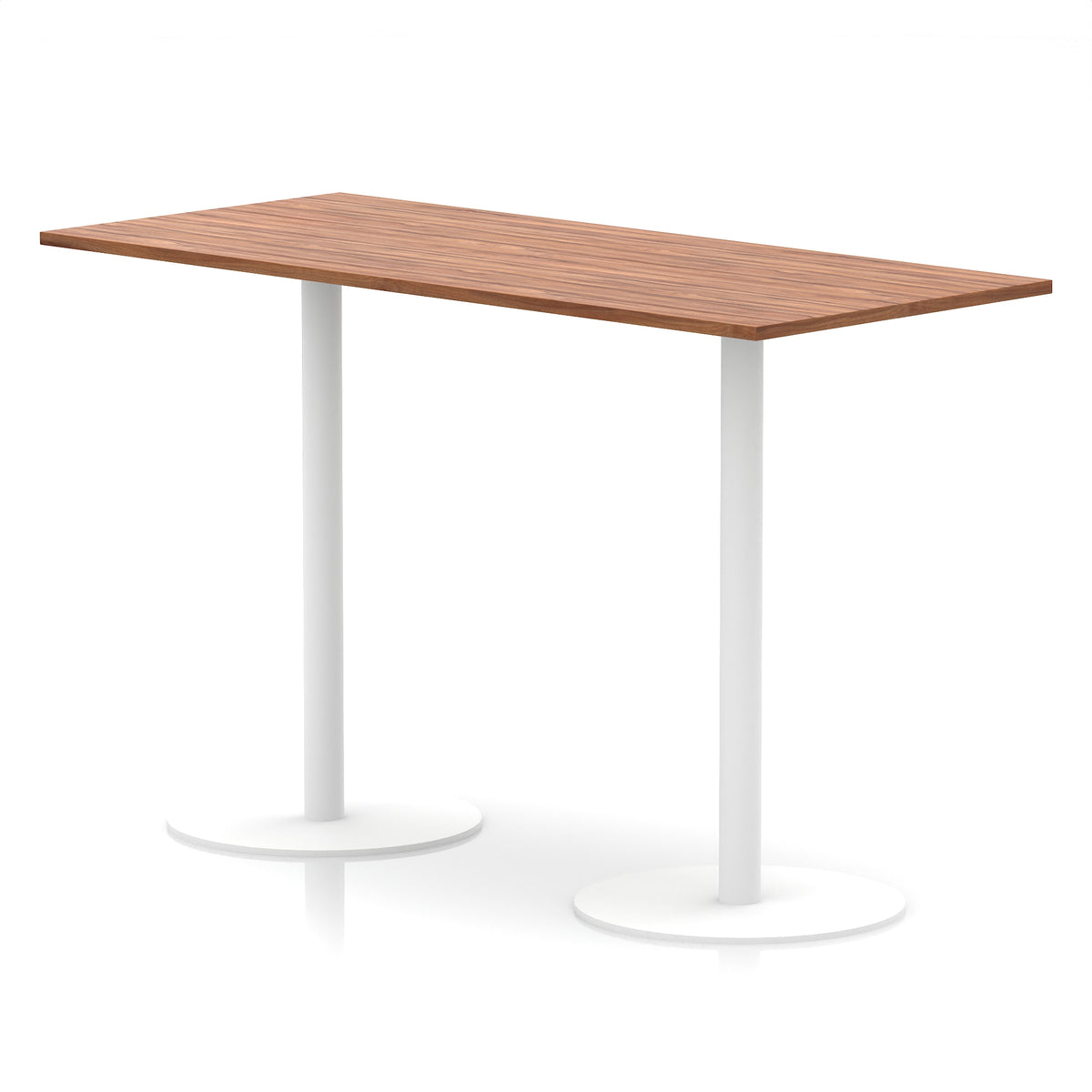 Rectangular high table with wood-effect top and white legs on a white background