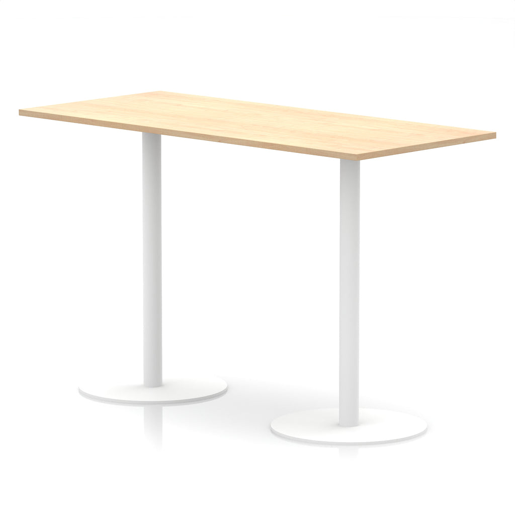 Rectangular high table with wood-effect top and white legs on a white background
