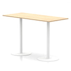 Rectangular high table with wood-effect top and white legs on a white background