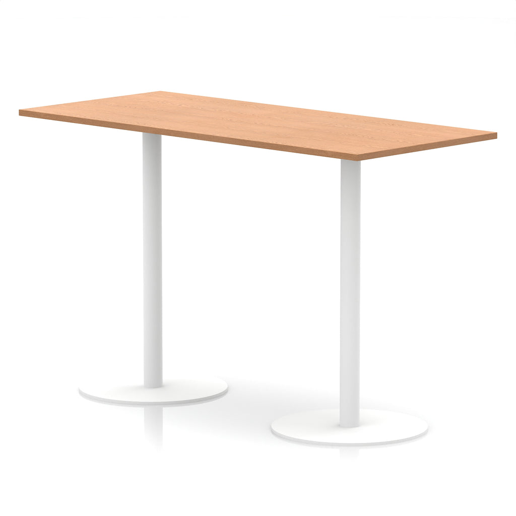 Rectangular high table with wood-effect top and white legs on a white background