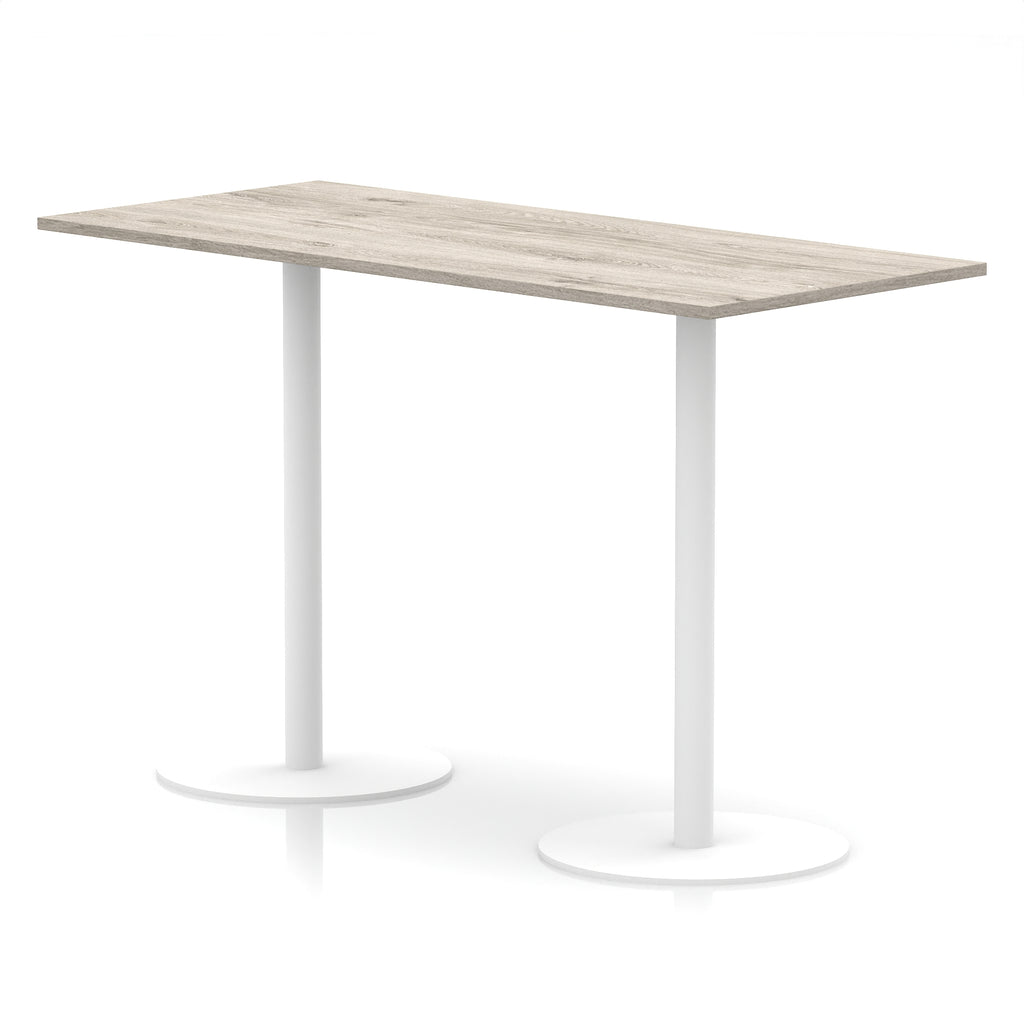 Rectangular high table with wood-effect top and white legs on a white background