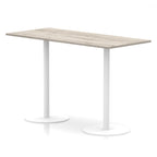 Rectangular high table with wood-effect top and white legs on a white background