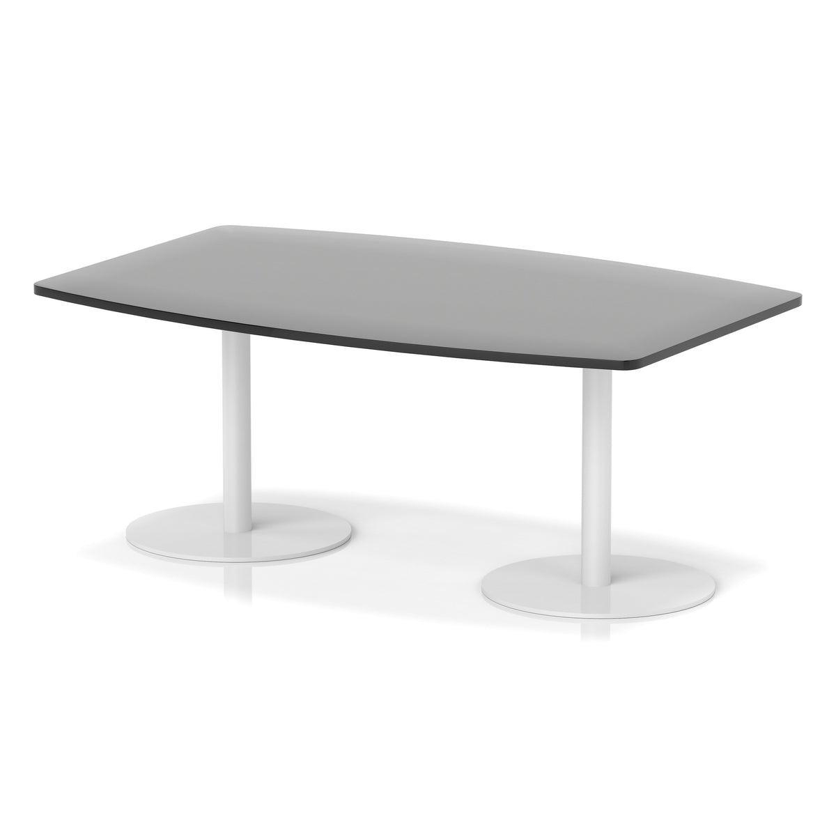 Table with a black boat-shaped top and white base on a white background